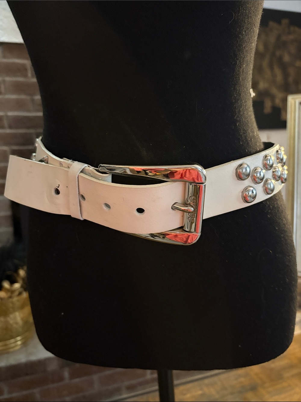 Guess White Leather Studded Waist Belt with Silver Buckle